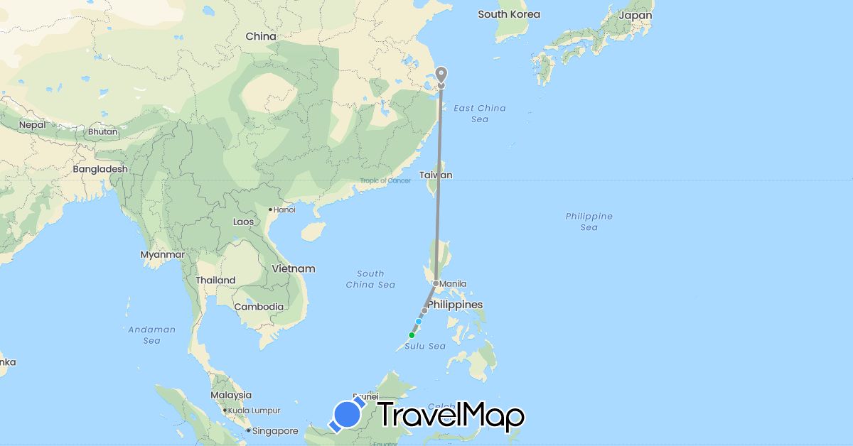 TravelMap itinerary: bus, plane, boat in China, Philippines (Asia)